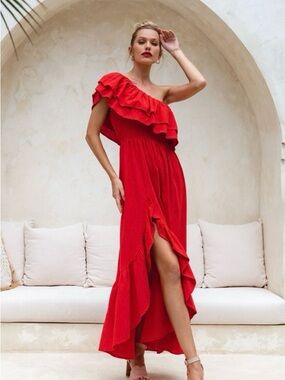 JustFab Red Tango One-Shoulder Ruffle Maxi Dress NWOT